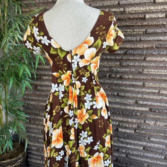 Ui- Maikai Vintage 60s Hawaiian Hibiscus Floral Barkcloth Tiki Dress Draped Back - Picture 3 of 10